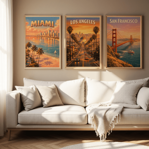 Vintage USA Travel Miami Los Angeles Golden Gate Poster Set 3 Prints Set 3 , Poster Only
