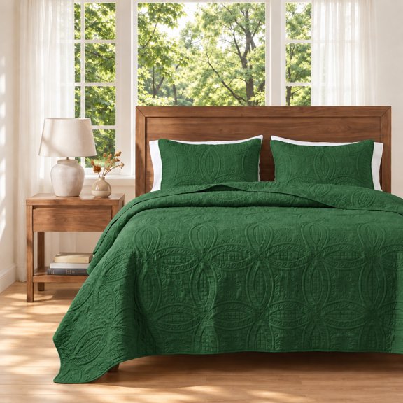Vintage Ultrasonic Embossed Quilted Blanket Set(Green,Twin)