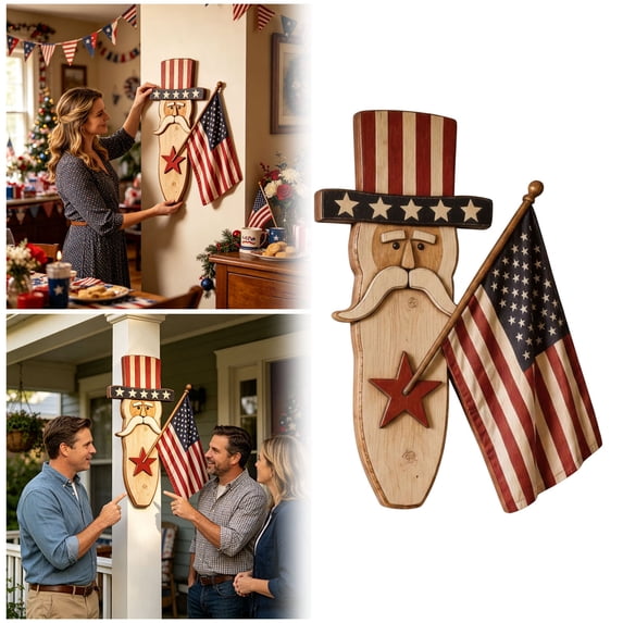 Vintage Uncle Sam Patriotic Wall Hanging with Flag,250th Anniversary Patriotic American Flag Wooden Sign for Front Door Porch,4th of July Independence Day Decorative Stake for Home Garden,40cm