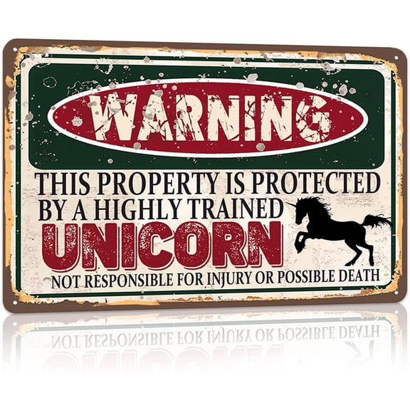 Vintage Unicorn Metal Sign Warning this property is protected bY a highly trained Unicorn Sign Funny Tin Signs 12x8 Inch