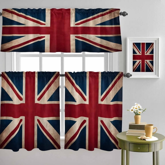 Vintage Union Jack Flag Curtain Tier and Valance Set 3 Piece, Reerto Flags Of The United Kingdom 3-inch Rod Pocket Window Tier Curtains Valance for Kitchen Living Room