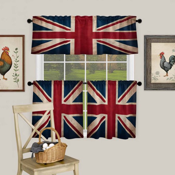 Vintage Union Jack Flag Curtain Tier and Valance Set 3 Piece, Reerto Flags Of The United Kingdom 3-inch Rod Pocket Window Tier Curtains Valance for Kitchen Living Room