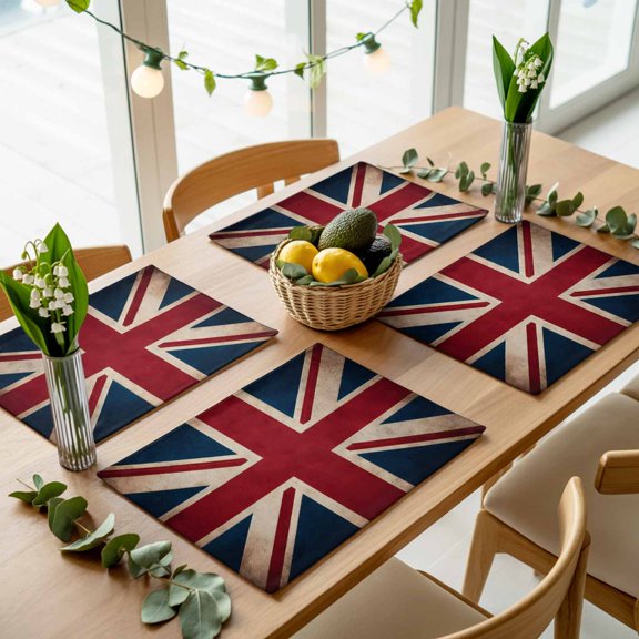 Vintage Union Jack Flag Placemats Set of 4,Wipeable Washable Table Mats for Dining Tables, Reerto Flags Of The United Kingdom Place Mats for Kitchen Event Party Tabletop Decor