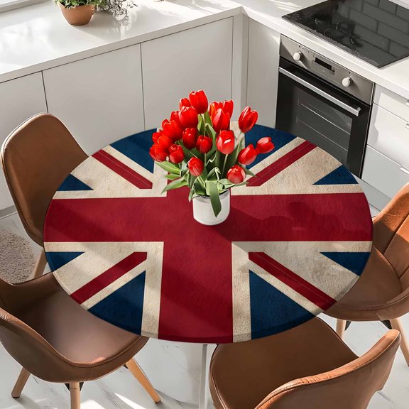 Vintage Union Jack Flag Round Fitted Tablecloth with Elastic Edge,Waterproof Table Cloth Fits Tables Up to 36"-44",Wipeable Table Cover for Indoor Outdoor Dinning,Reerto Flags Of The United Kingdom