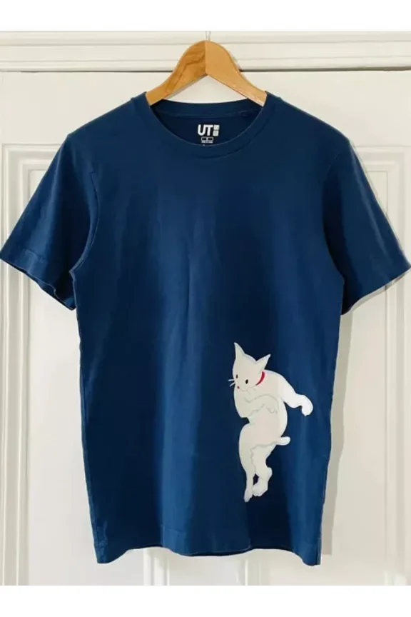 Vintage Uniqlo Ut Eirakuya Mens Navy Blue + White Cat Japanese Graphic T-Shirt S 35-38€ Best Birthday Gifts