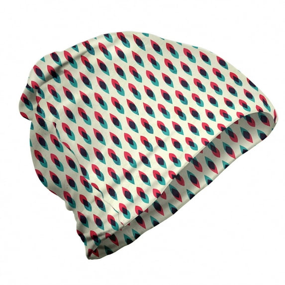 Vintage Unisex Beanie, Geometric Curve Pattern, Hiking Outdoors, Blue Red and Cream, by Ambesonne