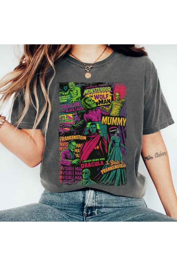 Vintage Universal Monsters Shirt Retro Horror Movie Graphic 90s Gothic Aesthetic Big Print Classic Film Design Comfort Colors Unisex Cotton T-Shirt, Size S-3XL