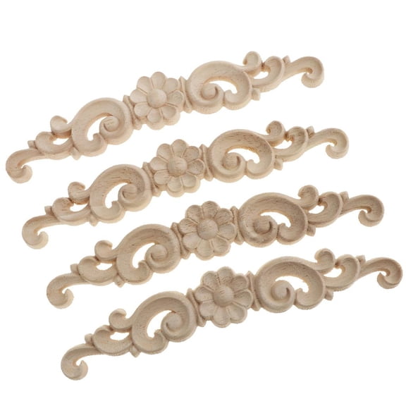 Vintage Unpainted Wooden Carved Flower Pattern Corners Appliques - 16X3X0.8cm