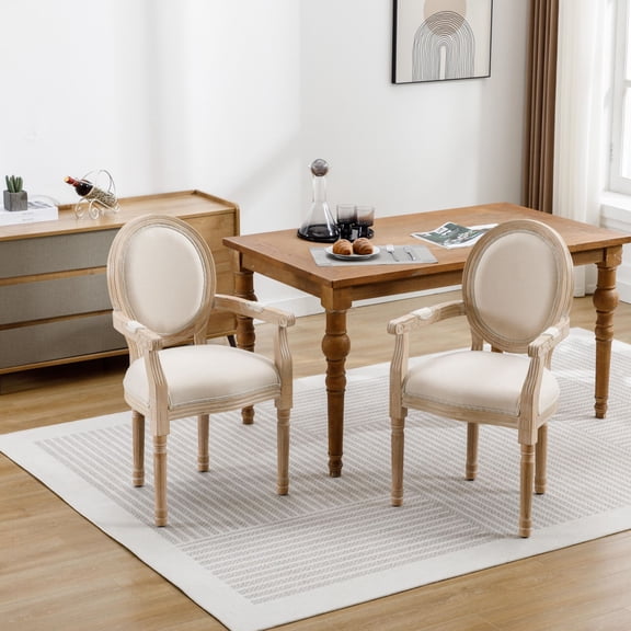 Vintage Upholstered Antique Painting Linen Barstools, Retro Dining Chairs with Solid Wood Frame and Legs, Arm Kitchen Chairs with Round Back, Parson Chairs(Cream,Set of 2)