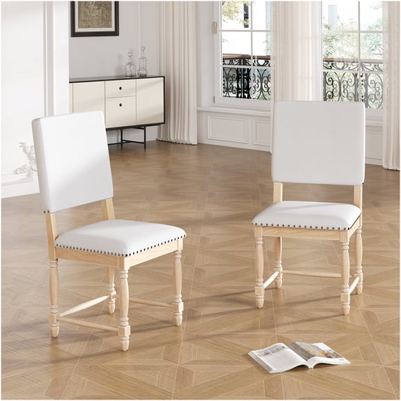 Vintage Upholstered Dining Chairs Set of 2 with Padded Backs, Natural Rubber Wood Frame for Kitchen Dining Room