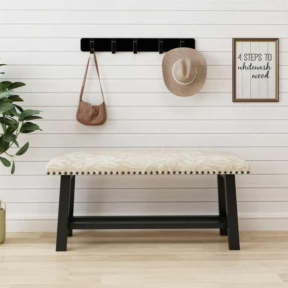 Vintage Upholstered Linen Bench, 39" Bedroom Small Bench Seat with Rustic Wood Legs for Entryway, Dining Room, Living Room