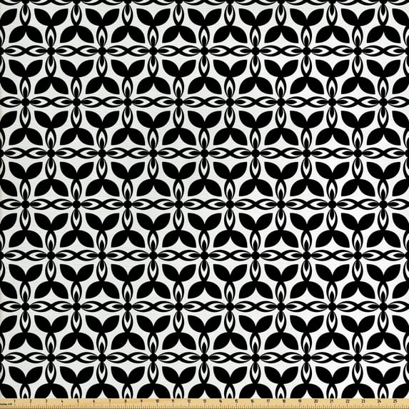 Vintage Upholstery Fabric by the Yard, Abstract Retro Design of Geometric Repetition with Floral Motifs Pattern, Decorative Fabric for DIY and Home Accents, Charcoal Grey White by Ambesonne