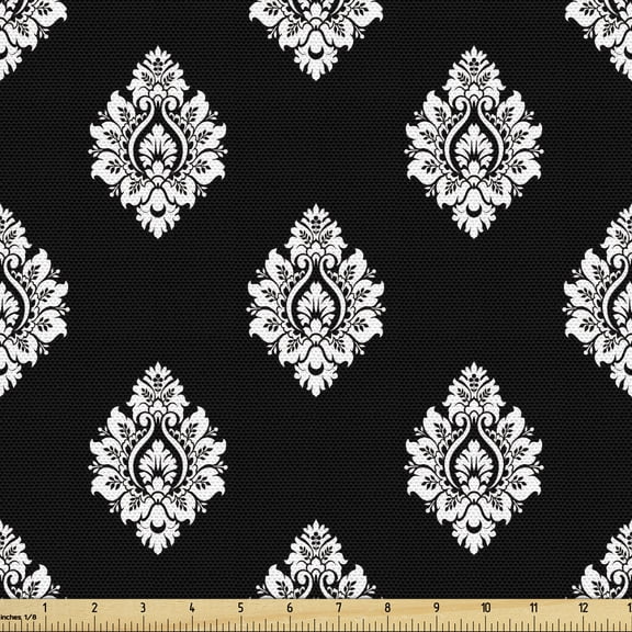 Ambesonne Vintage Fabric by the Yard Upholstery, Damask Inspired Royal Art, 1 Yard, Charcoal Grey and White