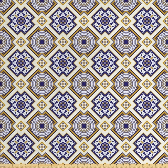 Ambesonne Vintage Fabric by the Yard Upholstery, Victorian Geometric, 3 Yards, Earth Yellow and Dark Blue