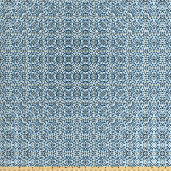 Ambesonne Floral Fabric by the Yard Upholstery, Curvy Circular Hand Tile, 10 Yards, Pale Blue Green and Blue