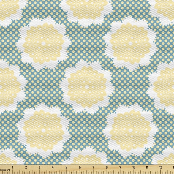 Vintage Upholstery Fabric by the Yard, Damask with Lace Look Floral Motif on Polka Dots, Decorative Fabric for DIY and Home Accents, Sea Blue Pastel Yellow by Ambesonne
