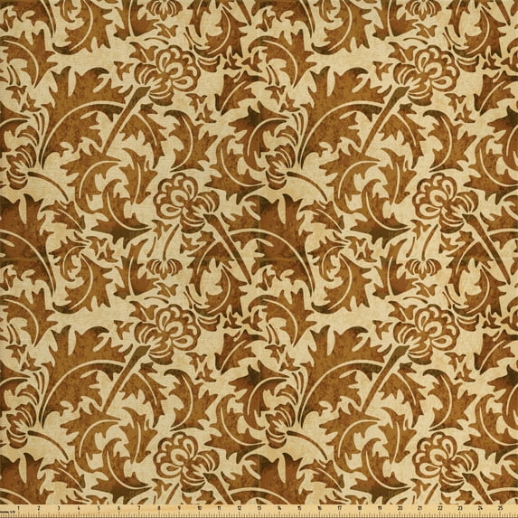 Ambesonne Vintage Fabric by the Yard Upholstery, Faded Curled Leaves, 3 Yards, Caramel and Beige