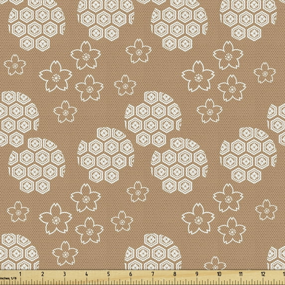 Vintage Upholstery Fabric by the Yard, Floral Pattern Japanese Motifs Sakura Image Print, Decorative Fabric for DIY and Home Accents, Pale Caramel and White by Ambesonne
