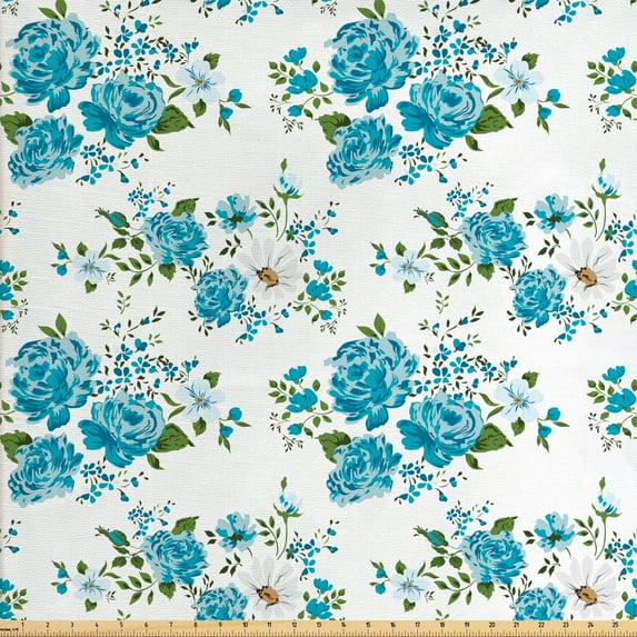 Ambesonne Vintage Fabric by the Yard Upholstery, Daisy and Roses Flower, 3 Yards, Blue Green and White
