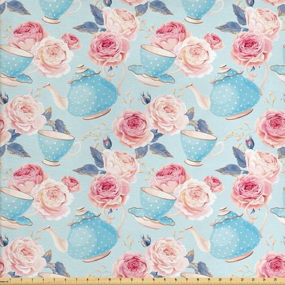Ambesonne Vintage Fabric by the Yard Upholstery, Flowers Roses Teapot, 2 Yards, Pale Blue Pale Pink