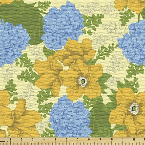 Vintage Upholstery Fabric by the Yard, Nostalgic Inspiration Pastel Color Hydrangea Shrubs Pattern Garden Sketch, Decorative Fabric for DIY and Home Accents, Multicolor by Ambesonne