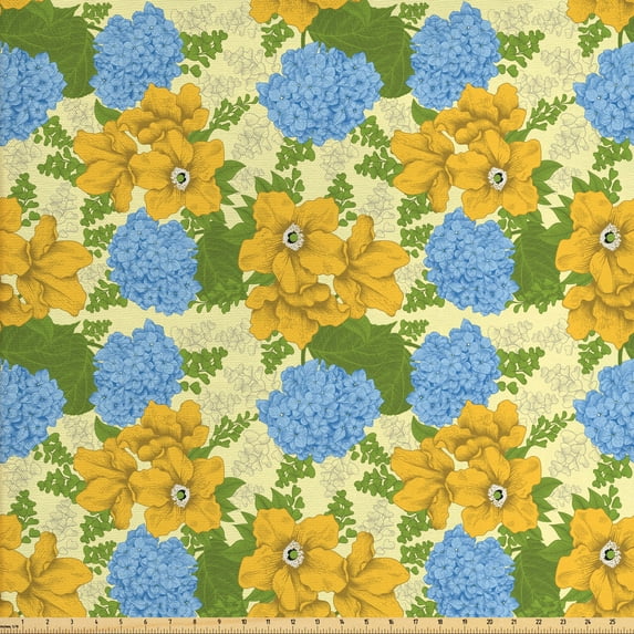 Vintage Upholstery Fabric by the Yard, Nostalgic Inspiration Pastel Color Hydrangea Shrubs Pattern Garden Sketch, Decorative Fabric for DIY and Home Accents, Multicolor by Ambesonne