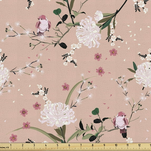 Ambesonne Vintage Fabric by the Yard Upholstery, Blooming Oriental Garden, 1 Yard, Pale Salmon Multicolor
