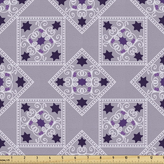 Vintage Upholstery Fabric by the Yard, Ornamental Swirls and Stars in Rhombuses Pastel Colored Illustration, Decorative Fabric for DIY and Home Accents, Lilac Purple Dark Purple by Ambesonne