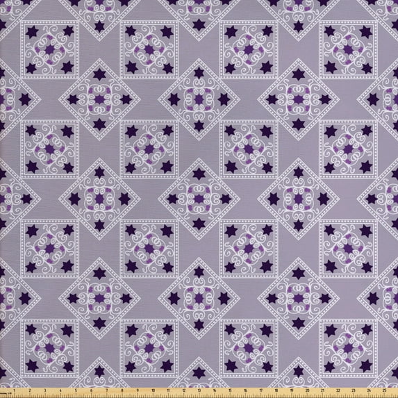 Vintage Upholstery Fabric by the Yard, Ornamental Swirls and Stars in Rhombuses Pastel Colored Illustration, Decorative Fabric for DIY and Home Accents, Lilac Purple Dark Purple by Ambesonne