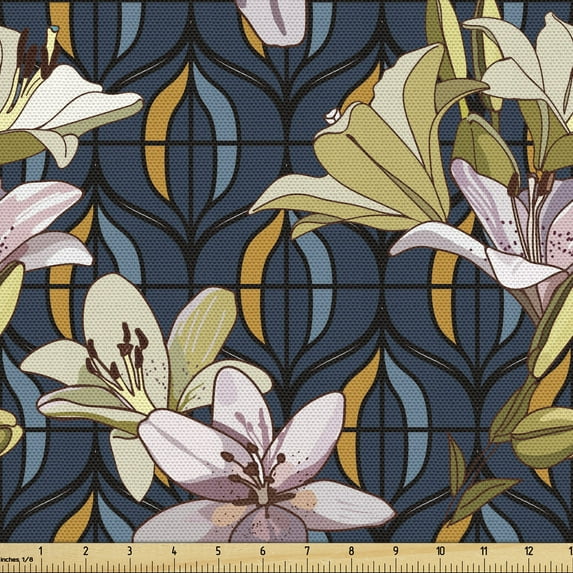 Vintage Upholstery Fabric by the Yard, Pastel Colored Lilies on Tile Inspired 60's Retro Background, Decorative Fabric for DIY and Home Accents, Multicolor by Ambesonne