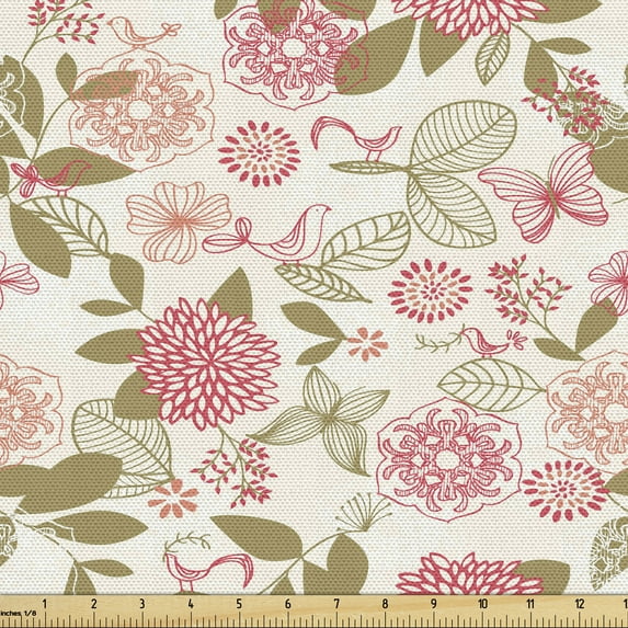 Ambesonne Vintage Fabric by the Yard Upholstery, Pink Chrysanthemum Flower, 3 Yards, Multicolor