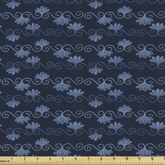 Vintage Upholstery Fabric by the Yard, Print of Old Fashion Inspired Flower Like Motifs Flourishing Spirals and Elements, Decorative Fabric for DIY and Home Accents, Dark Blue by Ambesonne