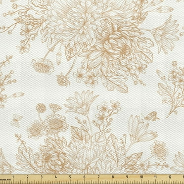 Ambesonne Vintage Fabric by the Yard Upholstery, Soft Monochrome Bouquet, 1 Yard, Sand Brown White