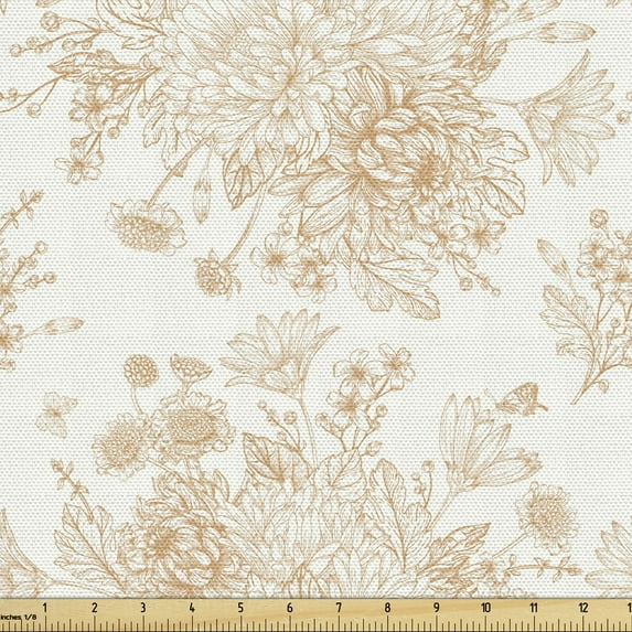 Ambesonne Vintage Fabric by the Yard Upholstery, Soft Monochrome Bouquet, 10 Yards, Sand Brown White