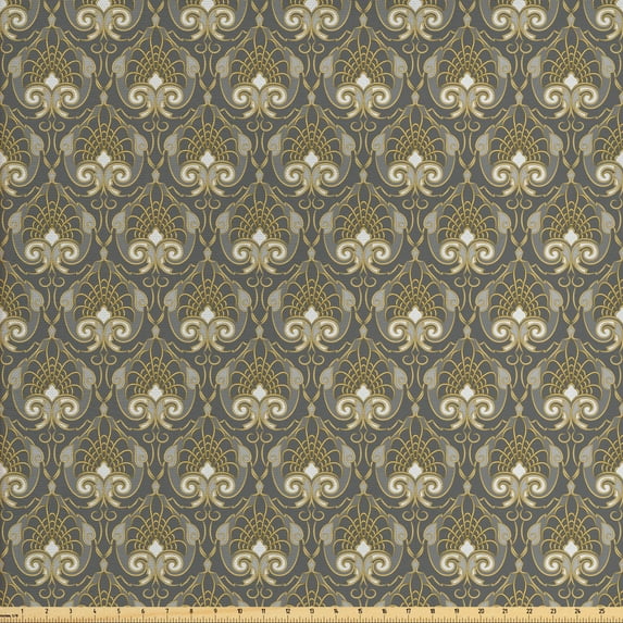 Ambesonne Vintage Fabric by the Yard Upholstery, Classic Royal Ornaments, 10 Yards, Grey and Yellow