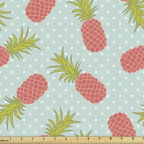 Ambesonne Vintage Fabric by the Yard Upholstery, Doodle Style Pineapple, 10 Yards, Dark Coral Pale Blue
