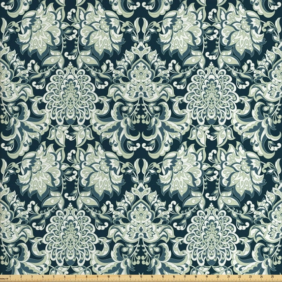 Ambesonne Vintage Fabric by the Yard Upholstery, Victorian Leaf Pattern, 3 Yards, Sage Green Dark Blue