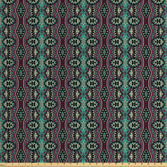 Ambesonne Vintage Fabric by the Yard Upholstery, Victorian Curls Swirls, 2 Yards, Sea Green Dried Rose