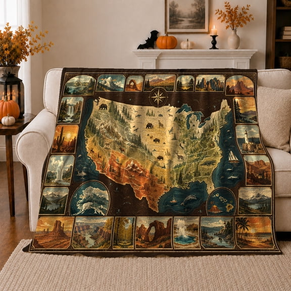 Vintage Usa Map Wildlife Park Scenes Rustic Exploratory, Peaceful Mountain Lake Scene, Warm Flannel Blanket for Cabin and Lodge, Outdoor Lovers Camping Gift, Rustic Home Decor