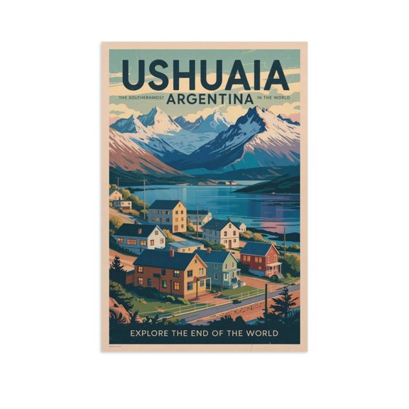 Vintage Ushuaia Retro Argentina Tourism with Wilderness & Coastal Views Canvas Poster