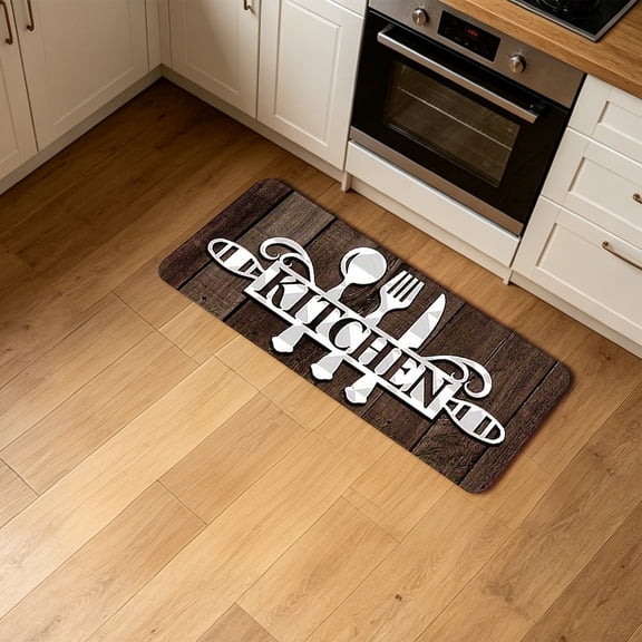 Vintage Utensil Printed Kitchen Mat, Slip-Proof Rubber Backing, Washable Stain Resistant Surface, Cushioned Foot Support, Waterproof Floor Rug for Sink Laundry Office Indoor Home Decoration
