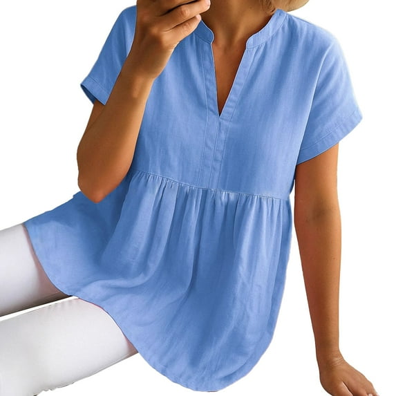 Vintage V-Neck Linen Tee - Women's Retro Short Sleeve Shirt - Soft Cotton Casual Summer Top (S-XXL) | Yubnlvae (Blue | L)