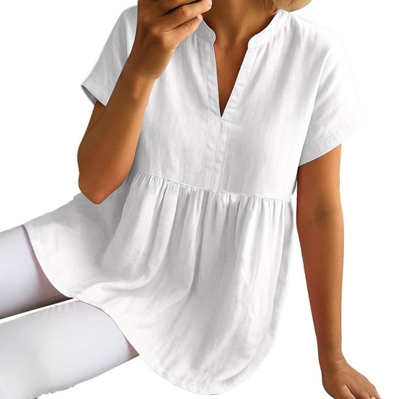 Vintage V-Neck Linen Tee - Women's Retro Short Sleeve Shirt - Soft Cotton Casual Summer Top (S-XXL) | Yubnlvae (White | L)