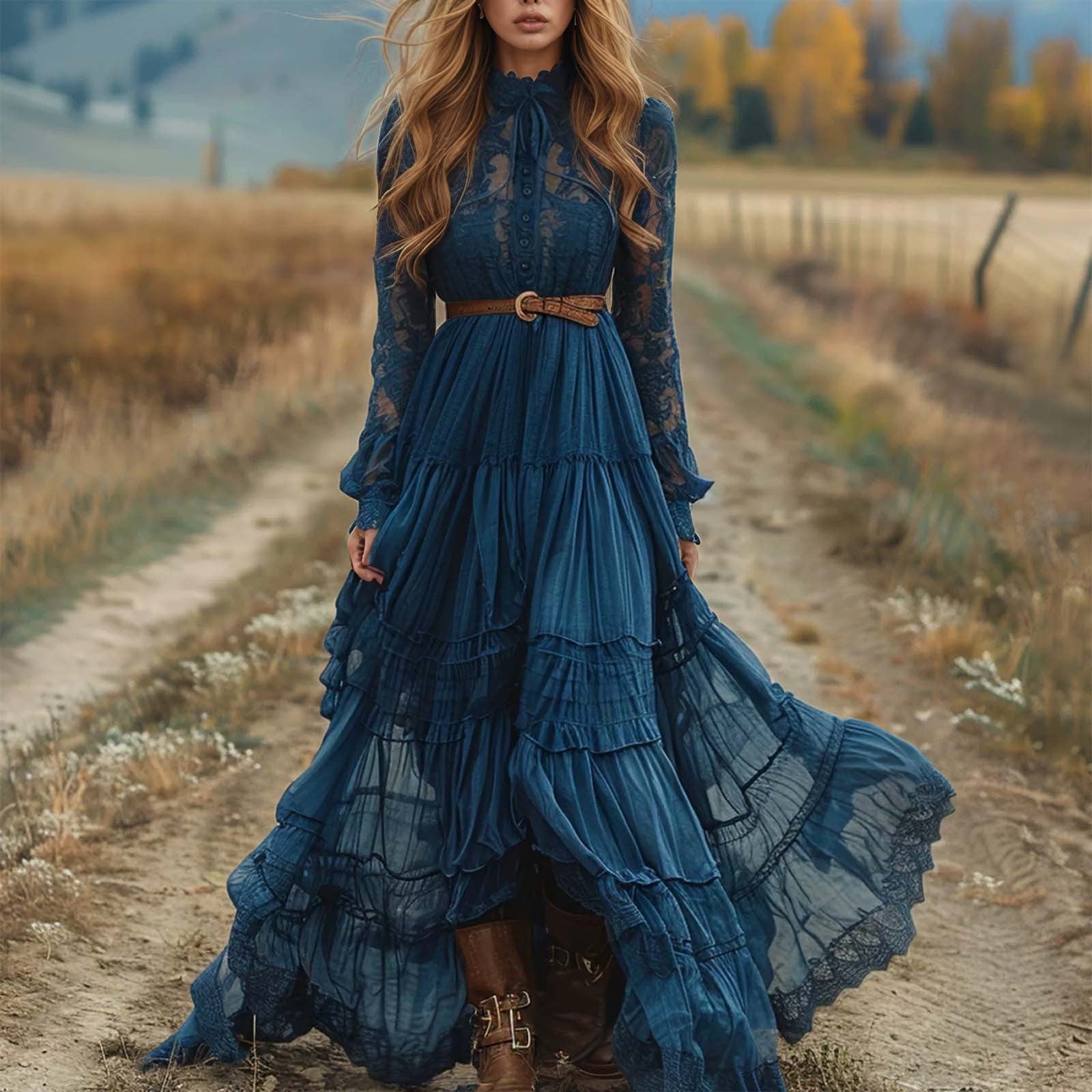 Vintage V Neck Long Sleeve Maxi Dress For Women Bohemian Floral Print ...