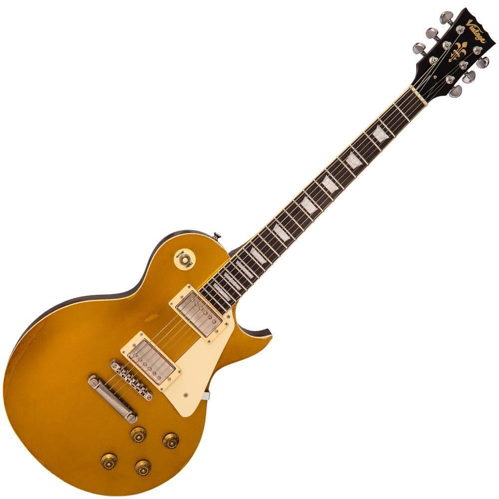 Vintage V100MRGT ICON Solid Body Electric Guitar, Distressed Gold Top