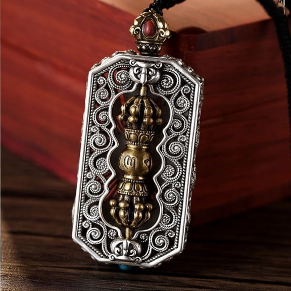 Vintage Vajra Pendant Tibetan Amulet Six Word Mantra Square Buddhist Talisman Traditional Religious Charm