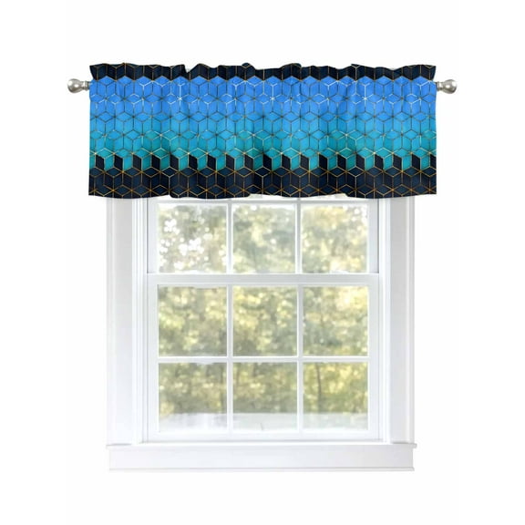 Vintage Valances for Windows, Rod Pocket Kitchen Valance Curtains - Soft & Washable Small Window Treatment for Living Room, Bathroom, Cube Blue Teal , 42x12 Inch, 1 Panel