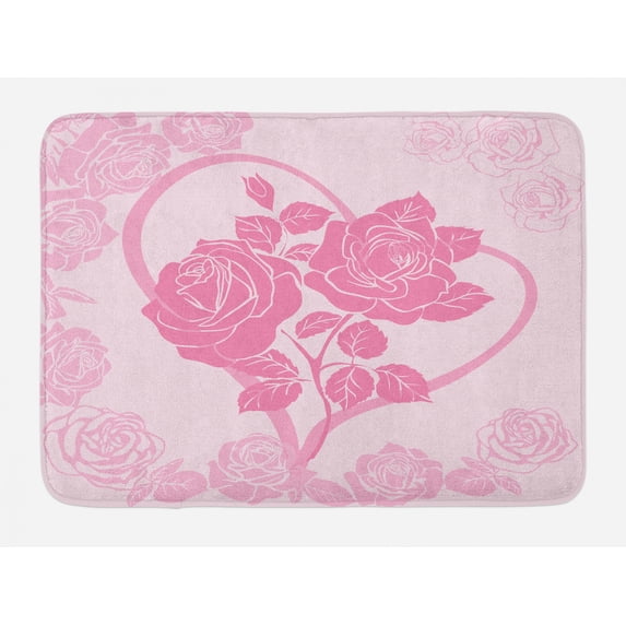 Vintage Valentine Bath Mat, Romantic Pinkish Design Roses in Heart, Plush Bathroom Decor Mat with Non Slip Backing, 29.5" X 17.5", Pink Pale Pink, by Ambesonne