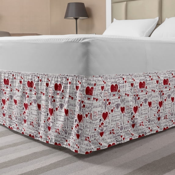 Vintage Valentine Bed Skirt, I Love You in Several Languages with Paint Drops and Hearts, Elastic Bedskirt Dust Ruffle Wrap Around for Bedding Decor, 4 Sizes, Vermilion Plum Off White, by Ambesonne
