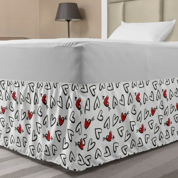 Vintage Valentine Bed Skirt, Simplistic Hand Drawn Look Romance Hearts, Elastic Bedskirt Dust Ruffle Wrap Around for Bedding Decor, 4 Sizes, Charcoal Grey Vermilion, by Ambesonne